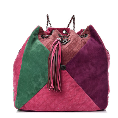 Chanel Suede Quilted Patchwork Drawstring Backpack Green Pink Purple Burgundy 1 of 9