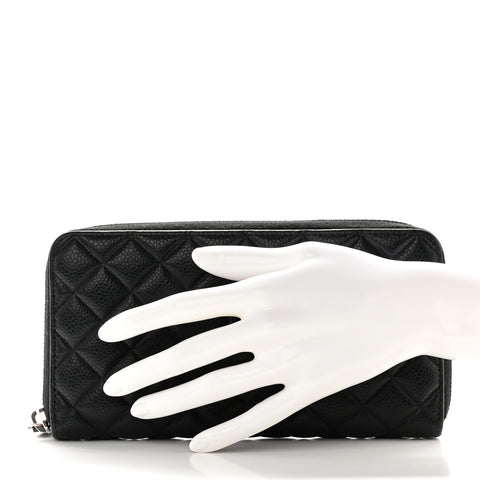 Caviar Quilted Diamond CC Gusset Zip Around Wallet Black