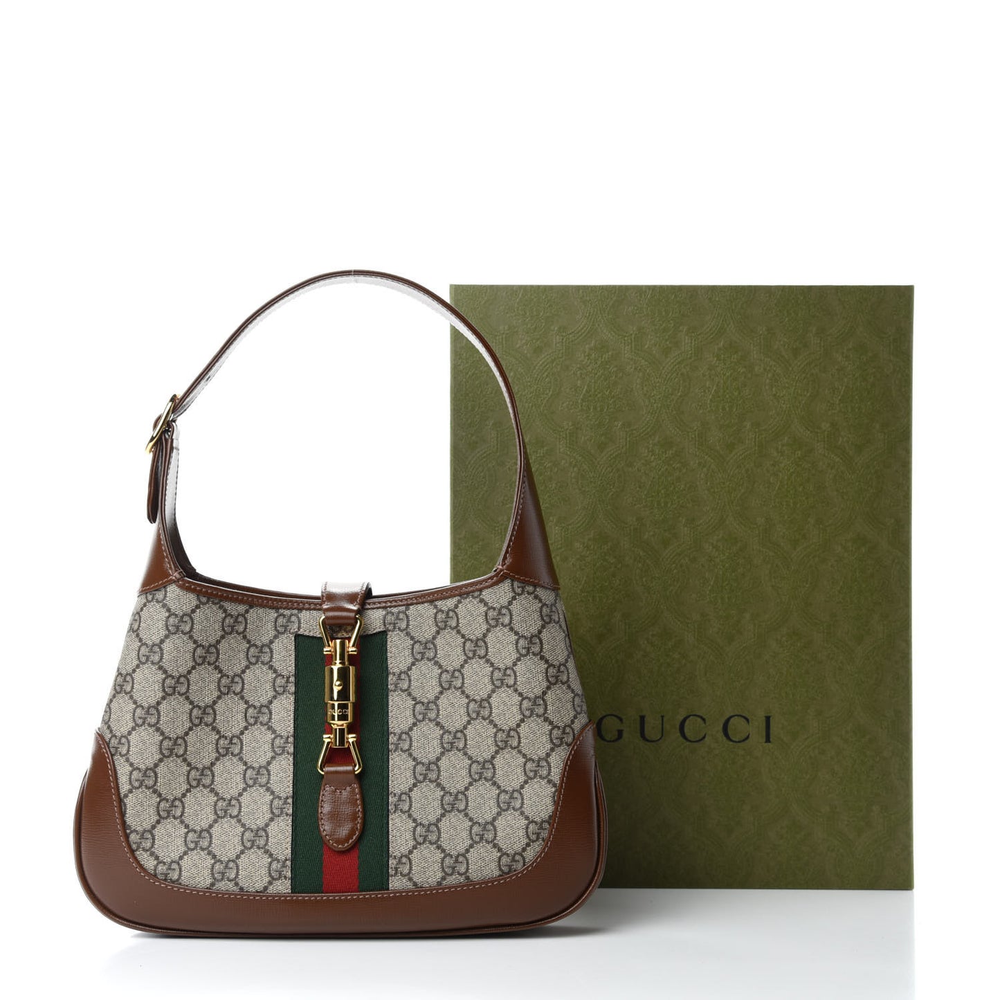 GG Supreme Monogram Azalea Calfskin Web Small Jackie 1961 Hobo Beige Ebony Brown Sugar