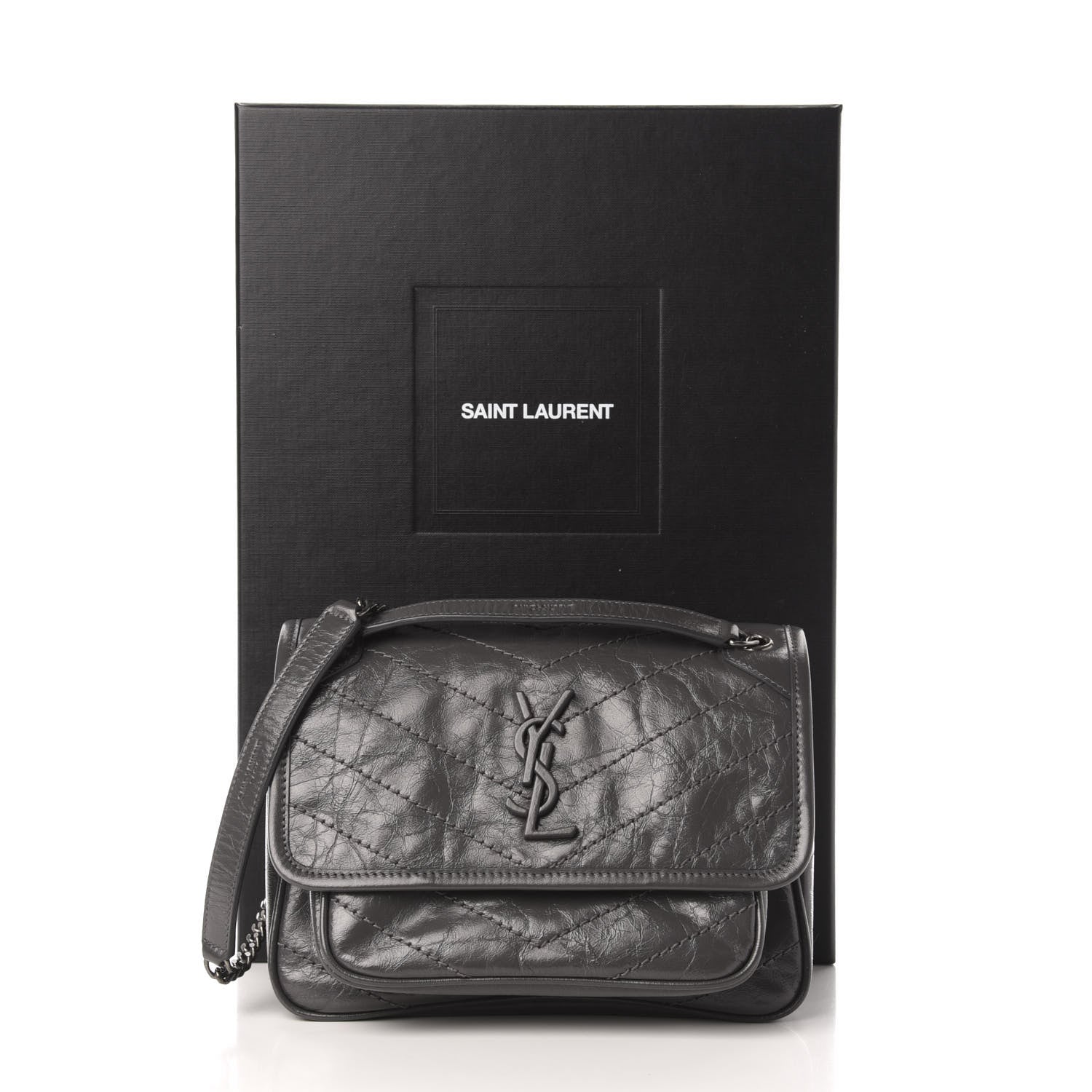 Saint Laurent Crinkled Calfskin Matelasse Monogram Baby Niki Chain Satchel Storm 12 of 12