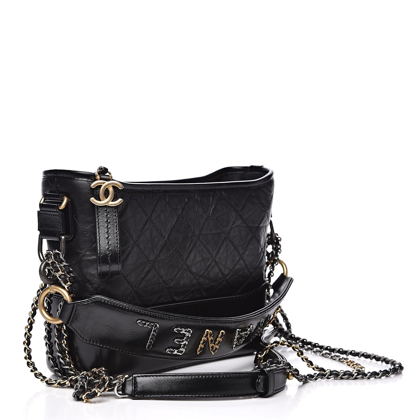 Aged Smooth Calfskin Quilted Medium Gabrielle Logo Hobo Black