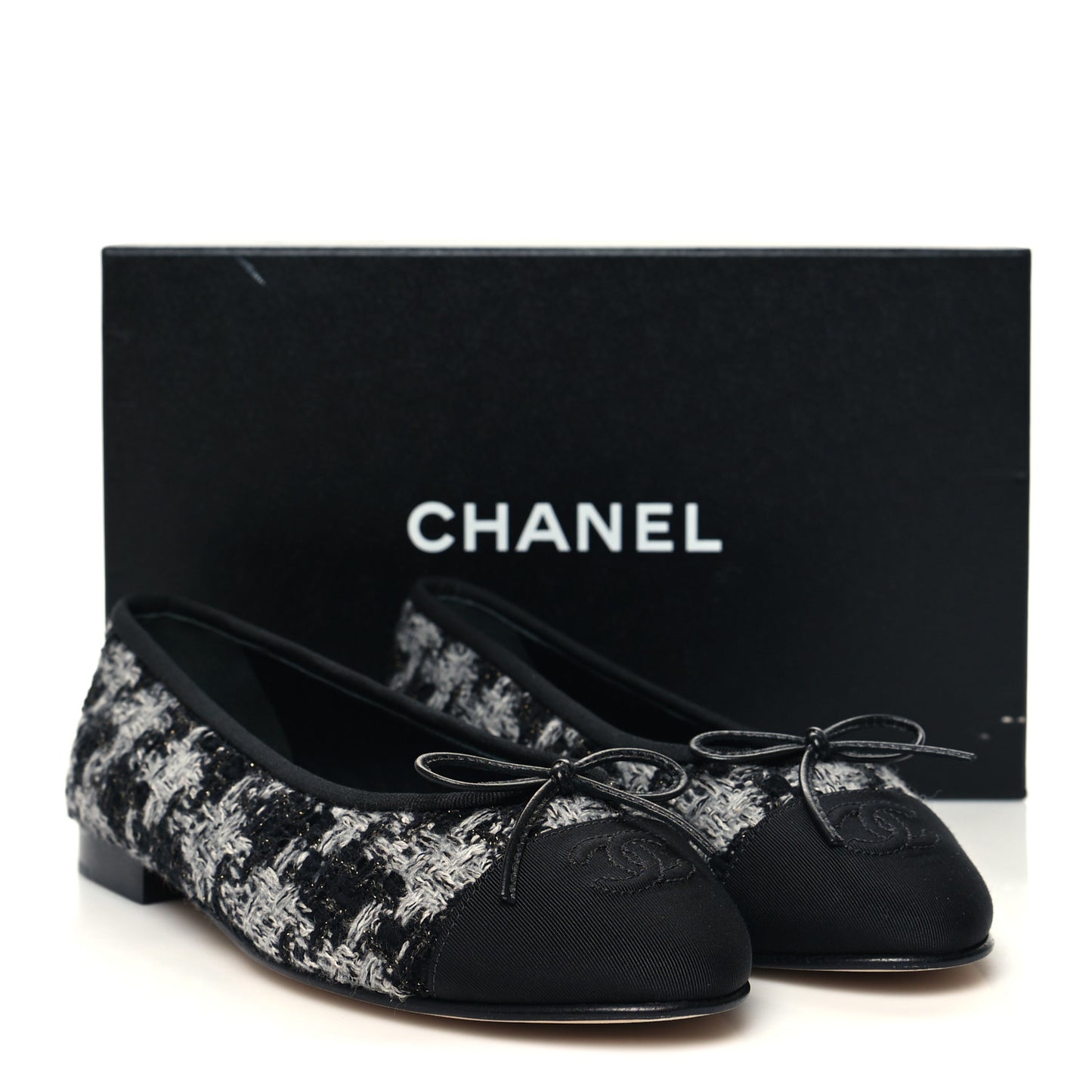 Tweed Grosgrain Cap Toe Ballerina Flats 38 Black White