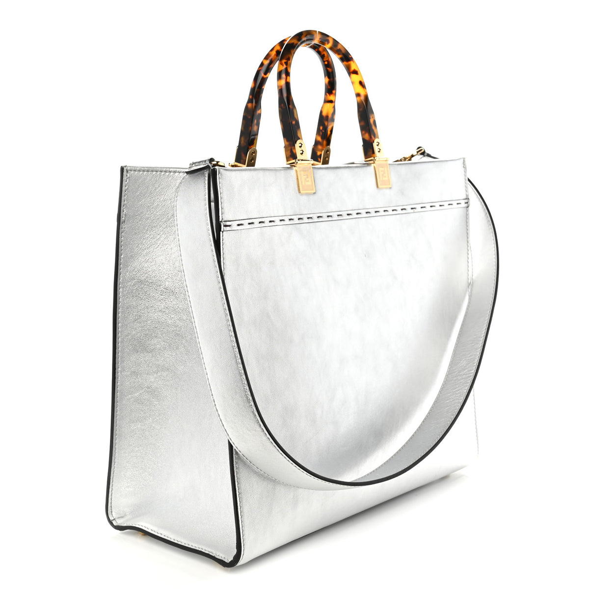Fendi Vitello Catalan Mirror Plexiglass Logo Embossed Medium Fendi Sunshine Shopper Tote Argento 2 of 9