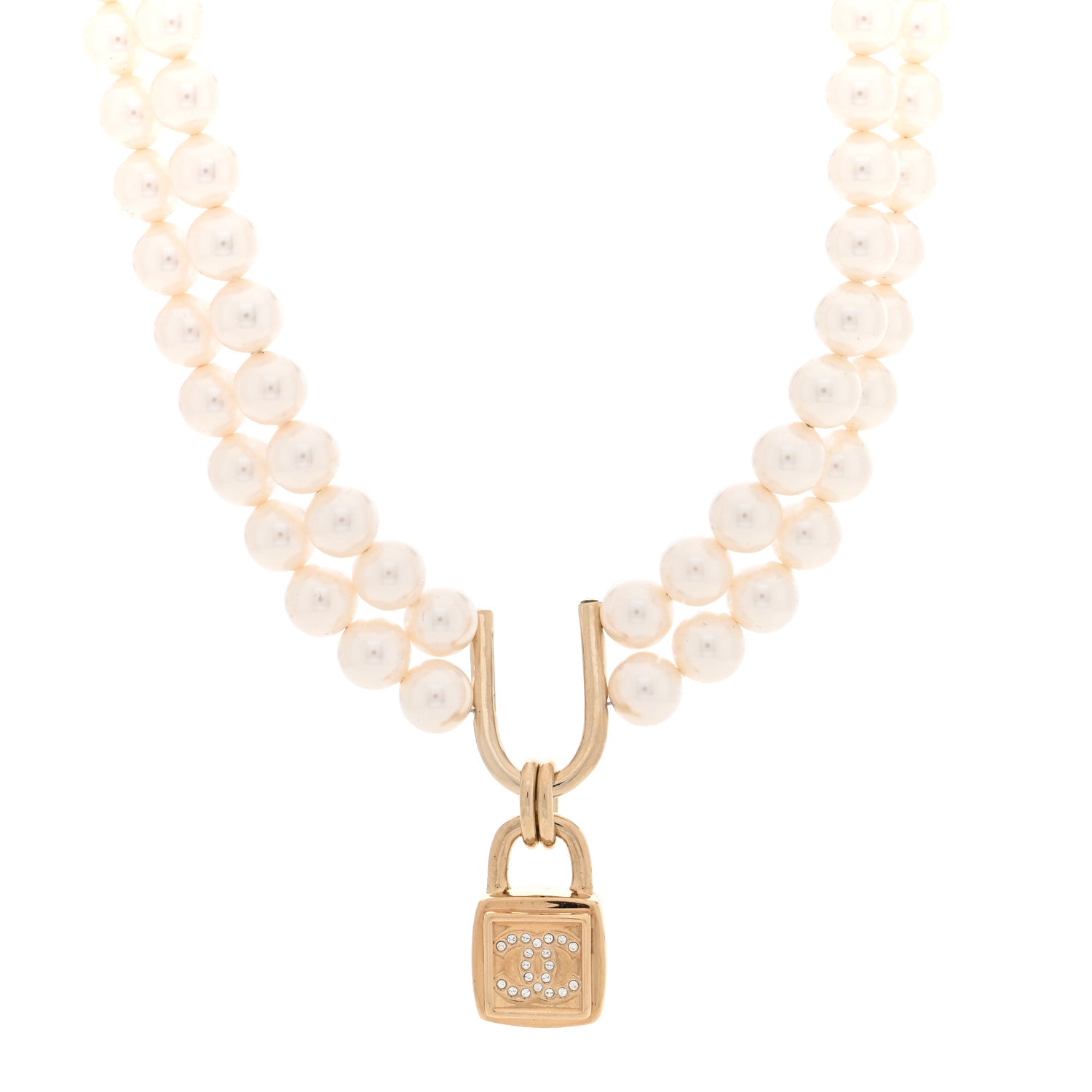 Chanel Pearl Crystal CC Lock Choker Necklace Gold Pearly White 1 of 5