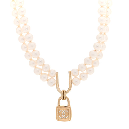 Chanel Pearl Crystal CC Lock Choker Necklace Gold Pearly White 1 of 5