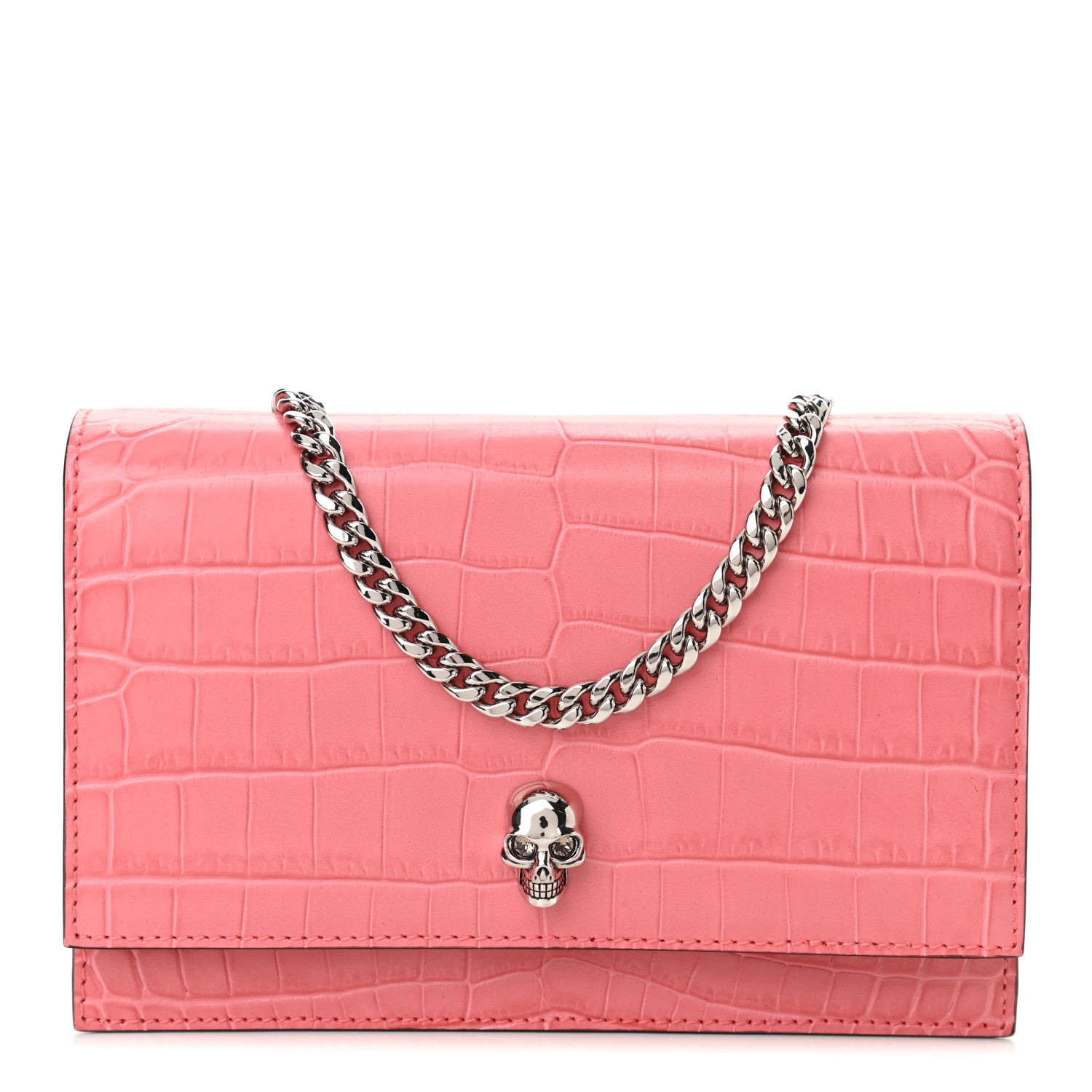 Alexander McQueen Calfskin Crocodile Embossed Skull Mini Crossbody Bag Pink 1 of 8