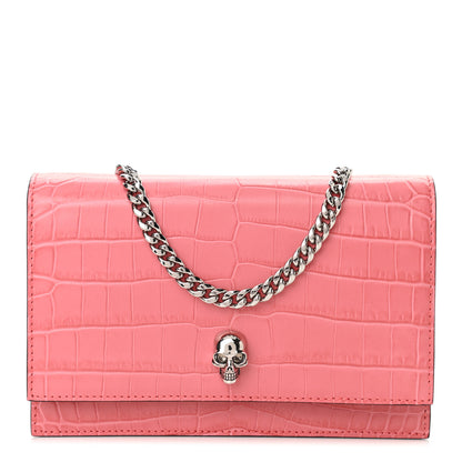Alexander McQueen Calfskin Crocodile Embossed Skull Mini Crossbody Bag Pink 1 of 8