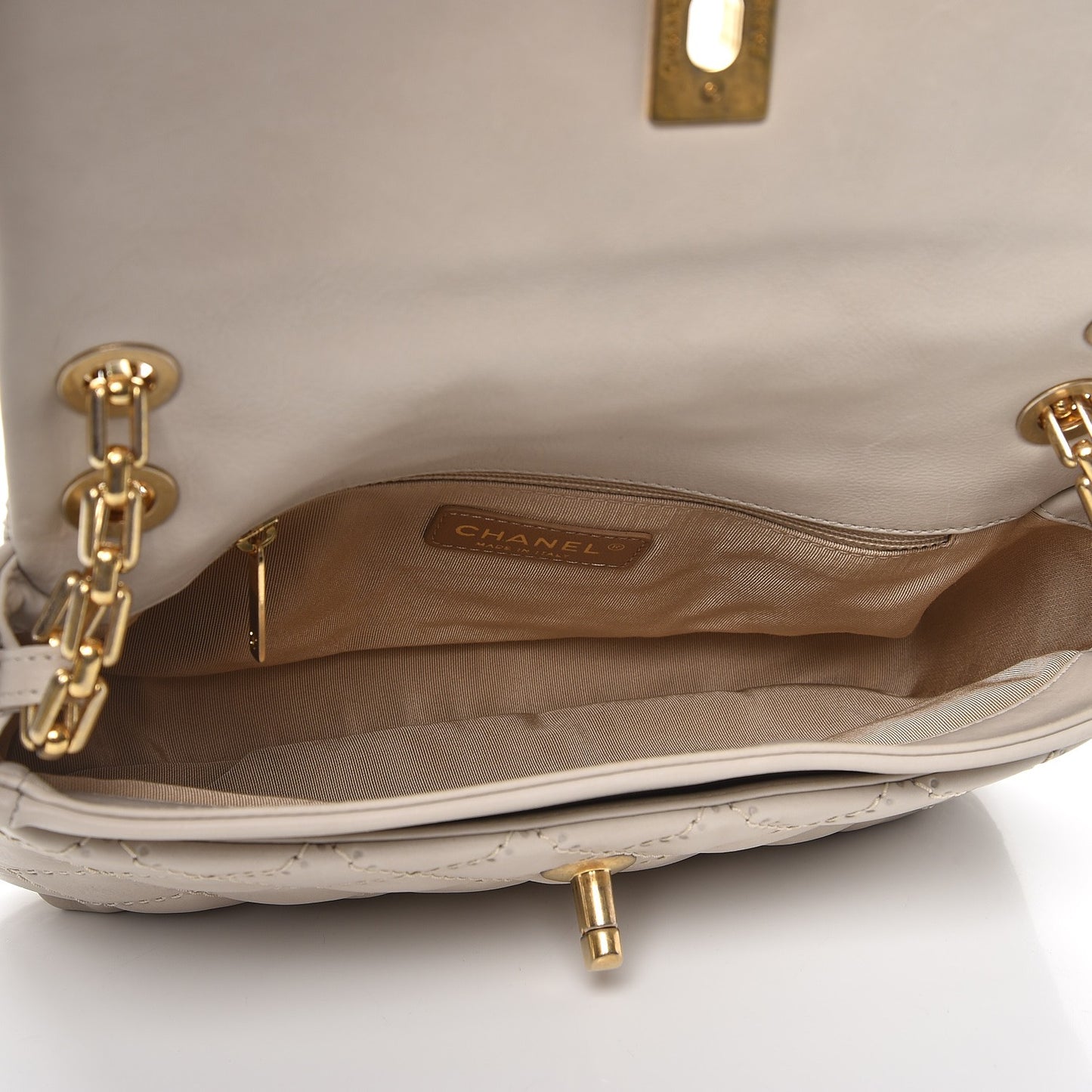 Calfskin Quilted Retro Chain Flap Beige