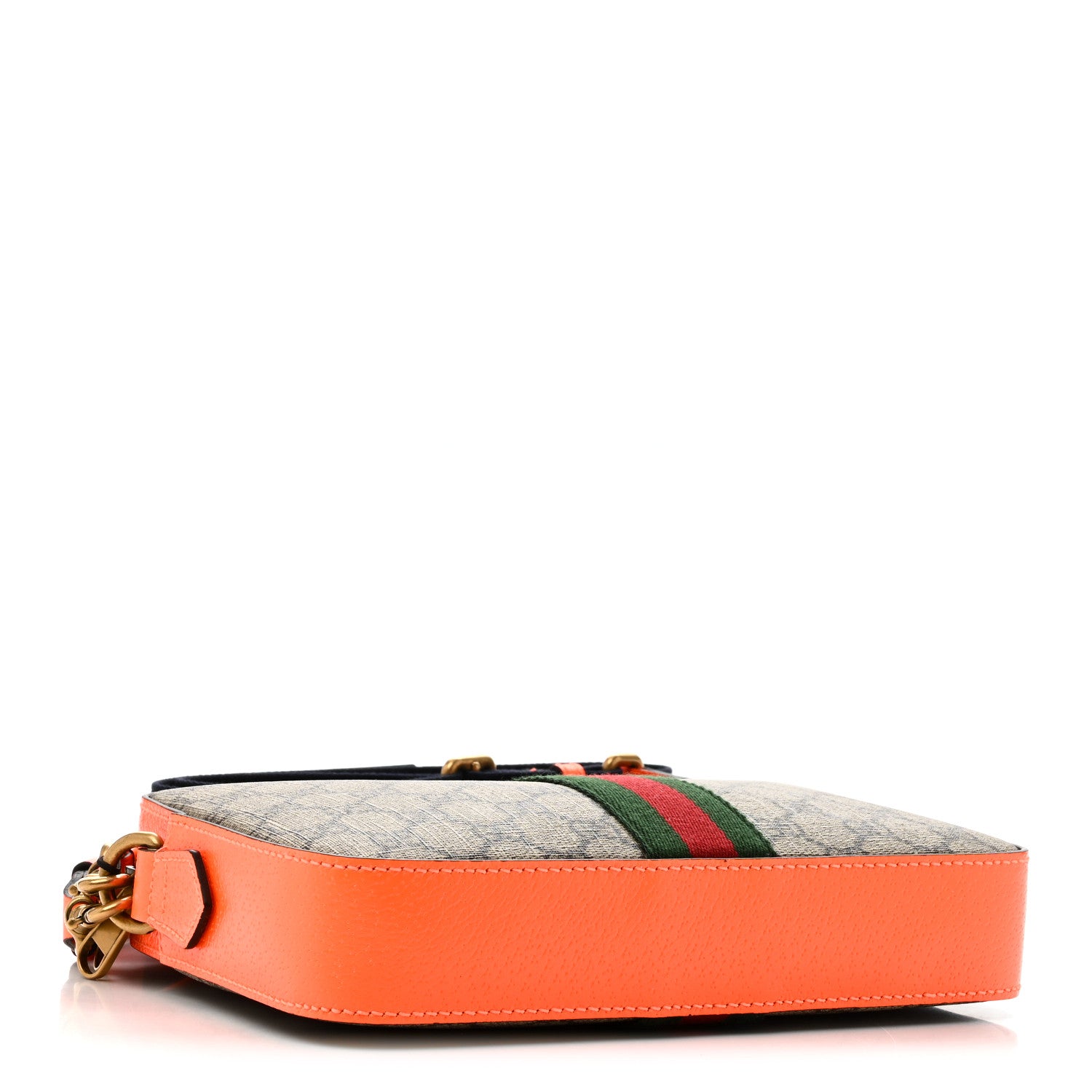 Gucci GG Supreme Monogram Textured Dollar Calfskin Web Ophidia Wristlet Shoulder Bag Beige Ebony Orange 4 of 11