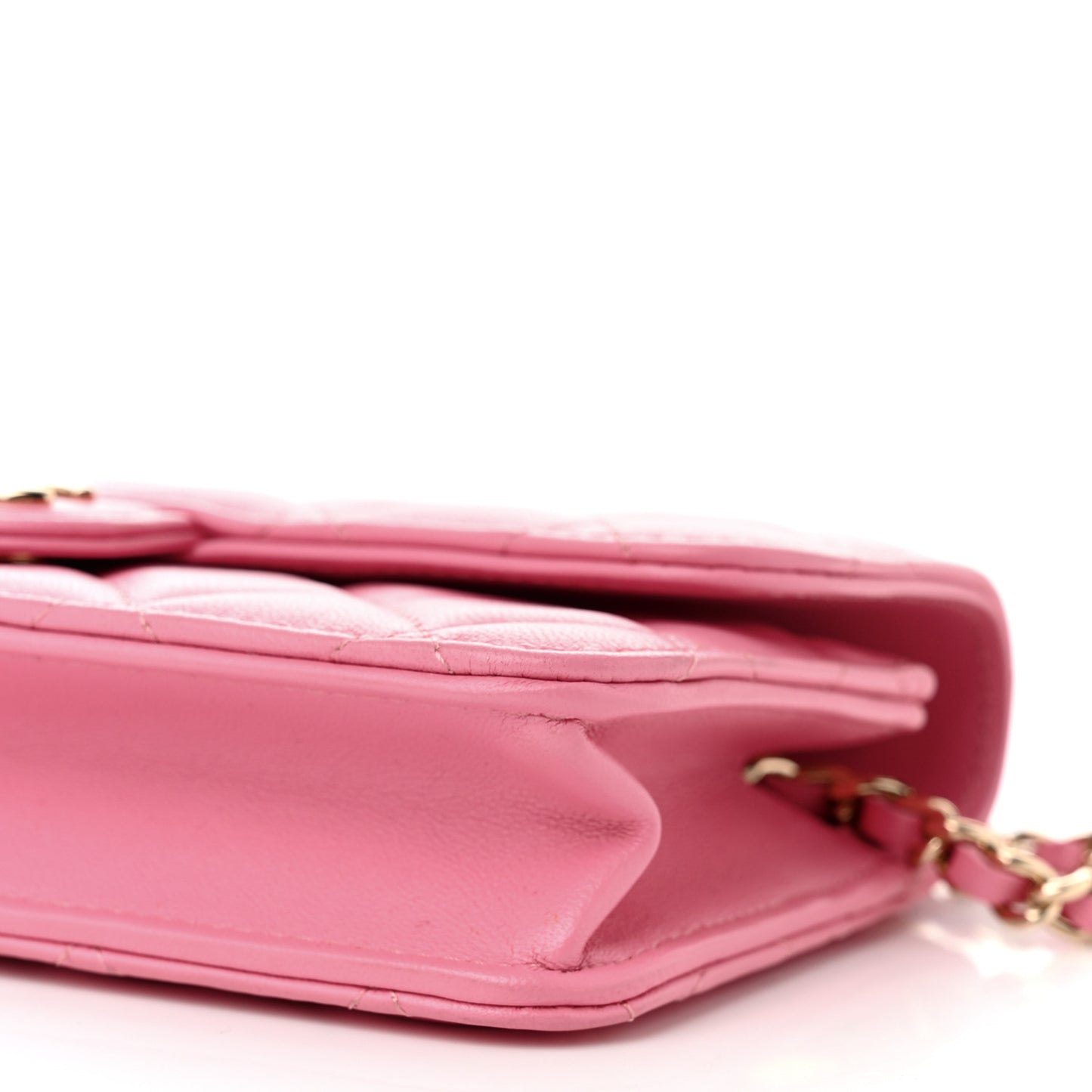 Lambskin Quilted Flap Phone Holder With Chain Pink