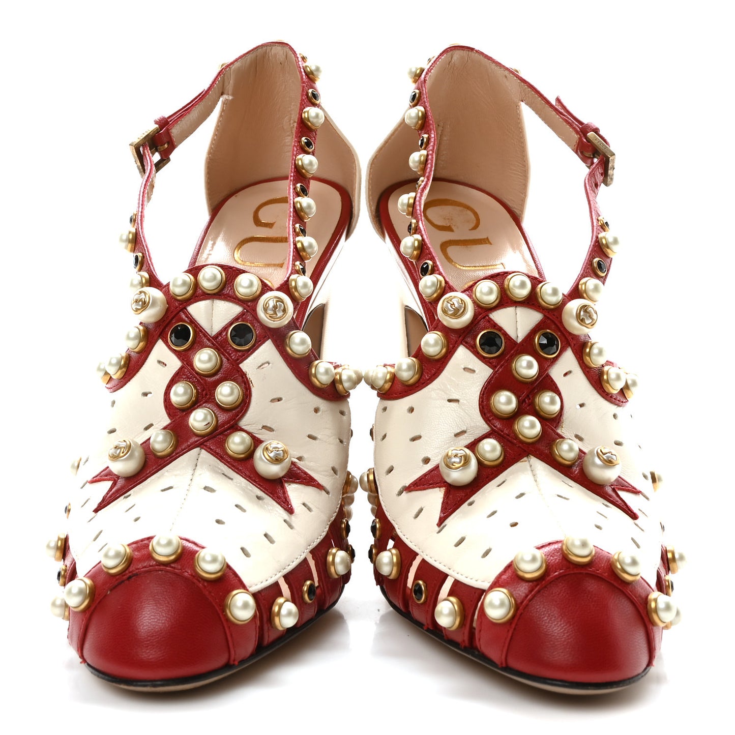 Calfskin Pearl Studded Tracey Pumps 36 Red White
