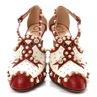 Gucci Calfskin Pearl Studded Tracey Pumps 36 Red White 3 of 9