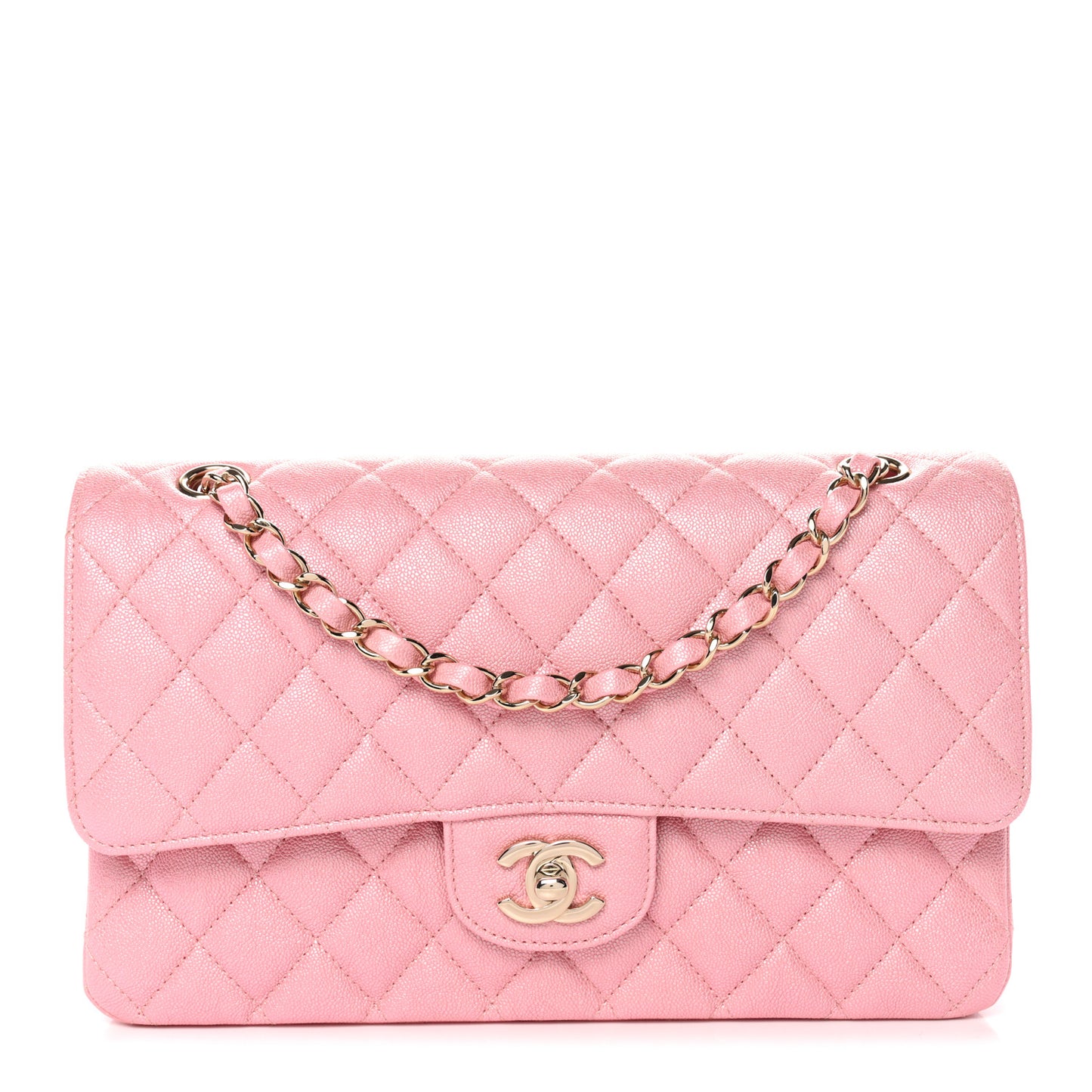 Iridescent Caviar Quilted Medium Double Flap Rose Pink