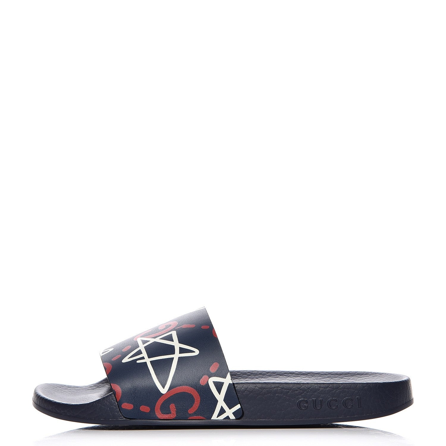 Gucci Calfskin GucciGhost Print Womens Slide Sandals 37 Blue Agata Hibiscus Red 1 of 8