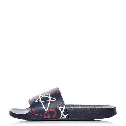 Gucci Calfskin GucciGhost Print Womens Slide Sandals 37 Blue Agata Hibiscus Red 1 of 8