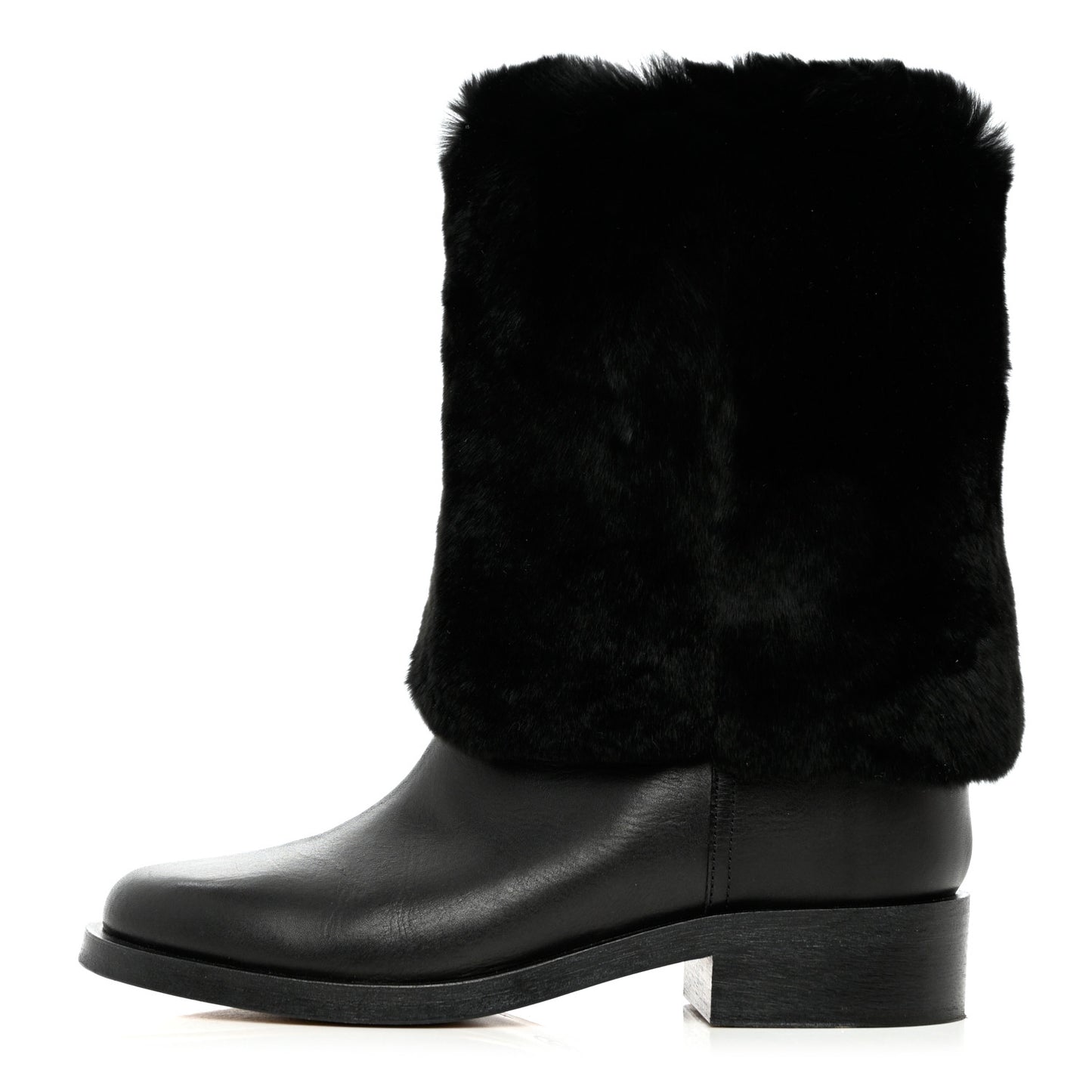 Fur Calfskin Fold Over Short Boots 39 Black