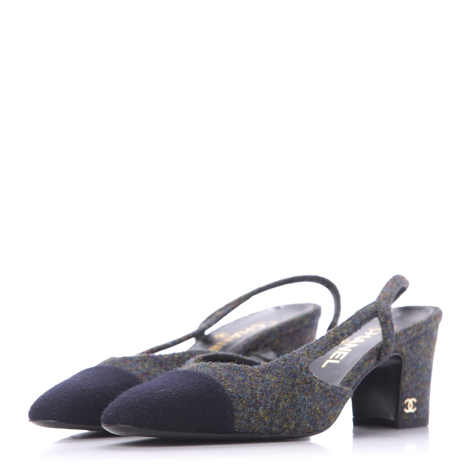 Chanel Wool Cap Toe CC Slingback Pumps 38 Black Dark Grey 3 of 13