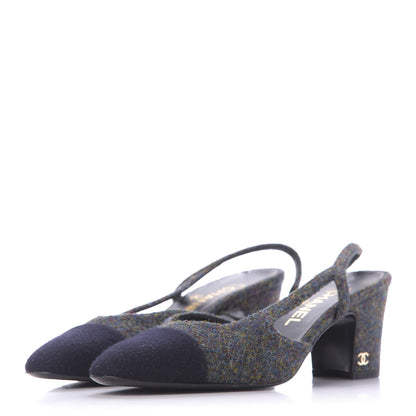 Chanel Wool Cap Toe CC Slingback Pumps 38 Black Dark Grey 3 of 13