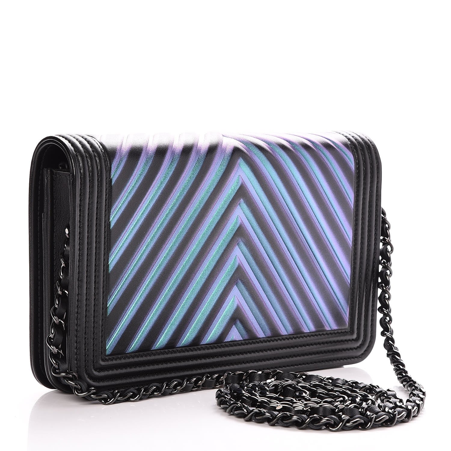 Chanel Calfskin Painted Chevron Embossed Boy Wallet On Chain WOC Black 3 of 9