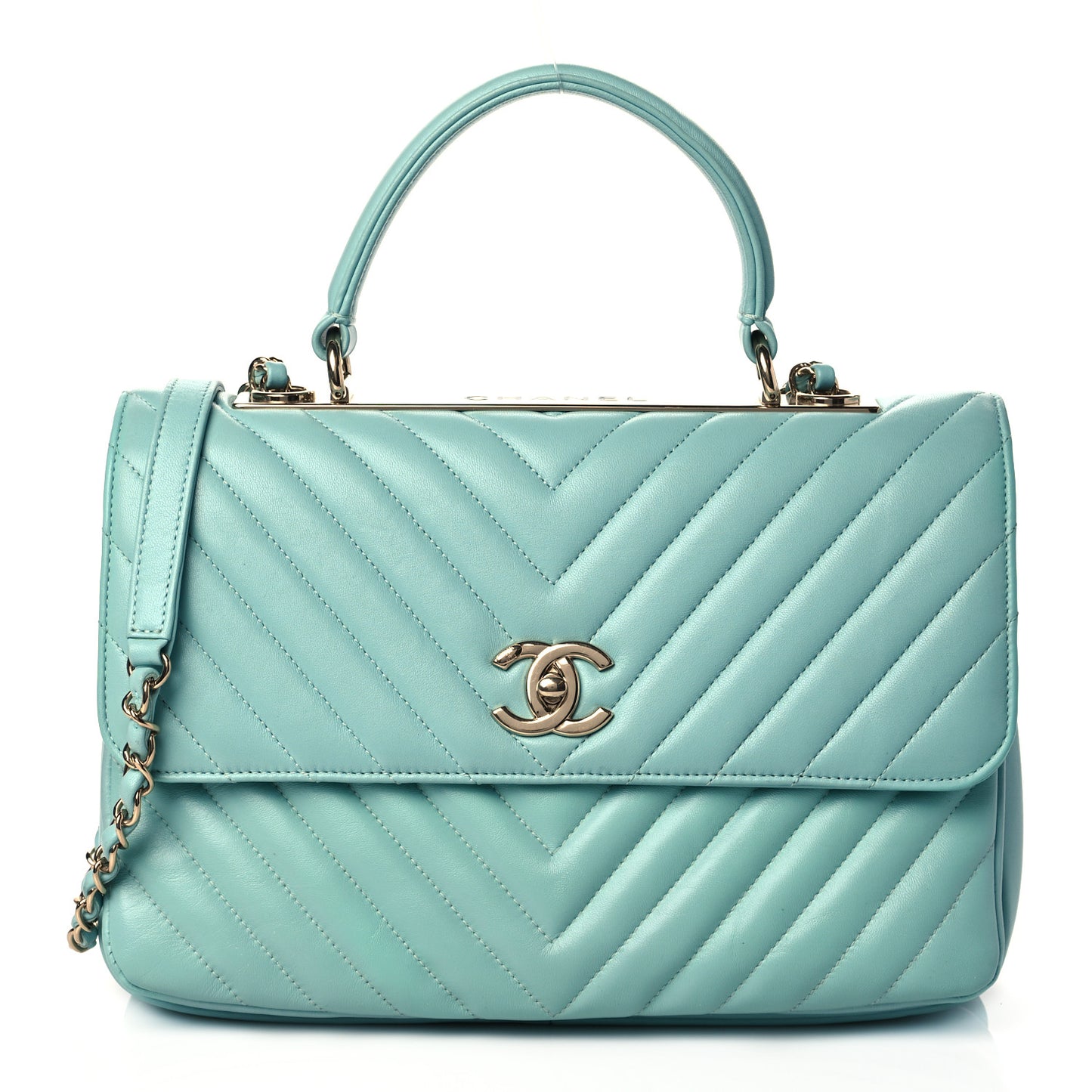Lambskin Chevron Quilted Medium Trendy CC Dual Handle Flap Bag Mint Green