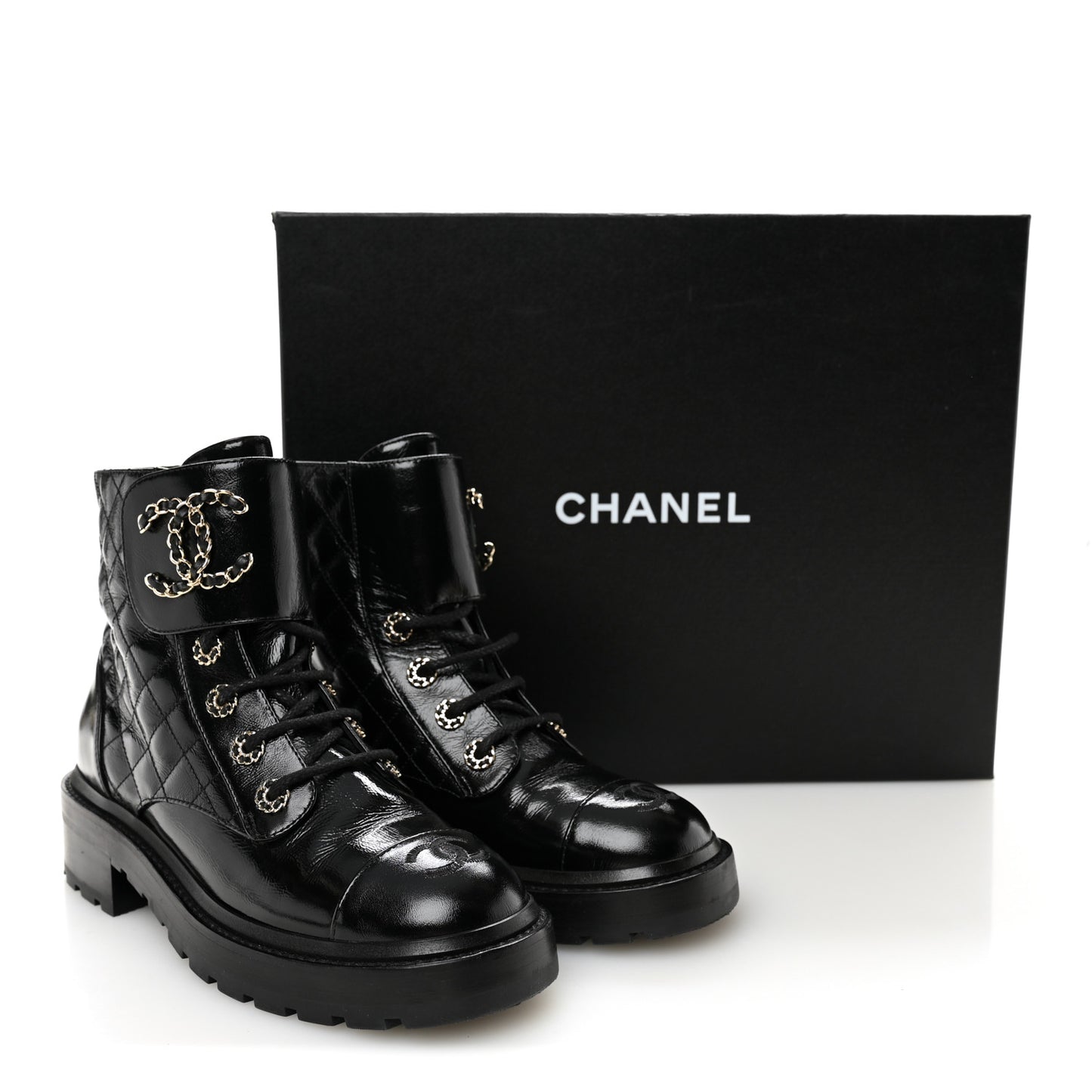 Shiny Calfskin Quilted Lace Up Combat Boots 37.5 Black