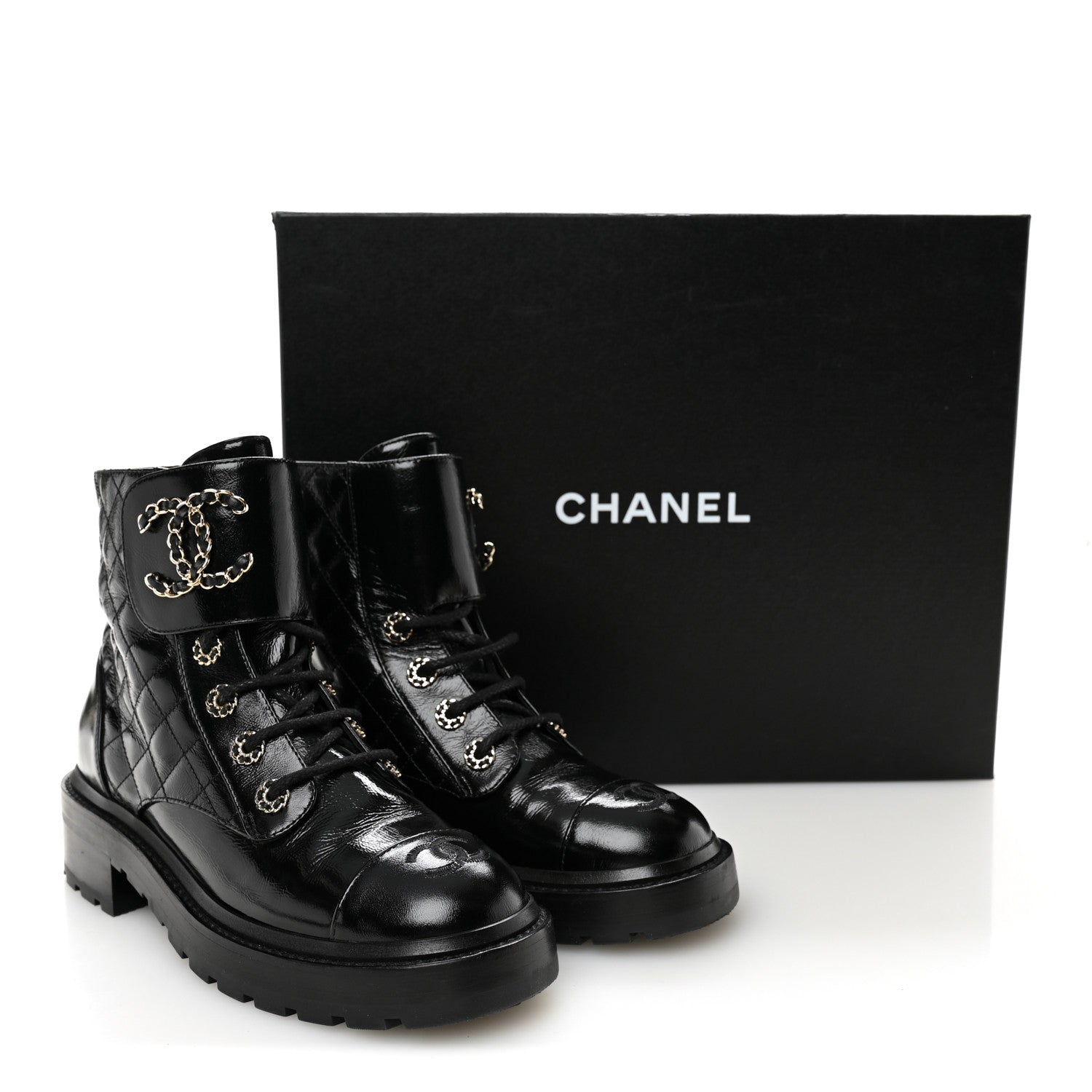 Chanel Shiny Calfskin Quilted Lace Up Combat Boots 37.5 Black 10 of 10