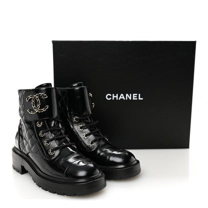 Chanel Shiny Calfskin Quilted Lace Up Combat Boots 37.5 Black 10 of 10