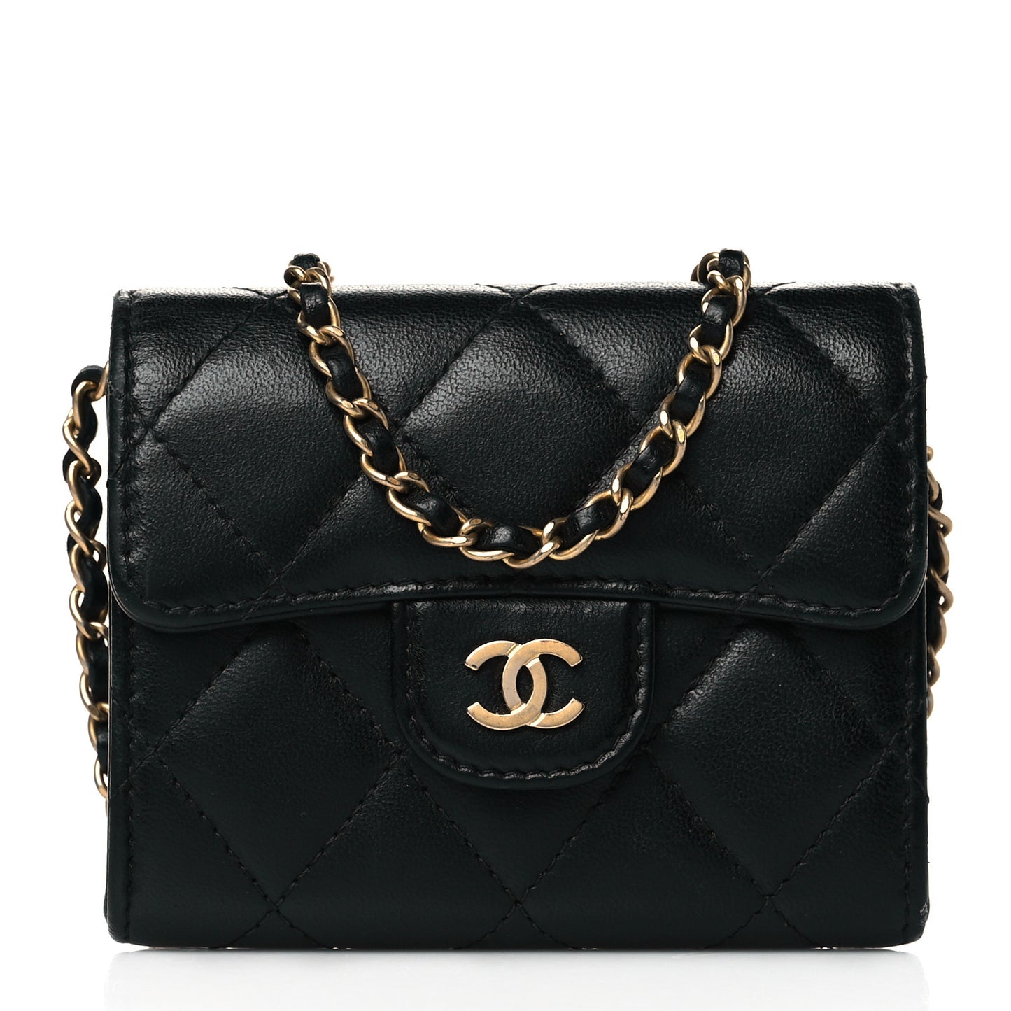 Lambskin Quilted Flap Card Holder On Chain Black