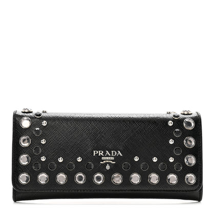 Prada Saffiano Vernice Crystal Studded Flap Wallet Black 1 of 14
