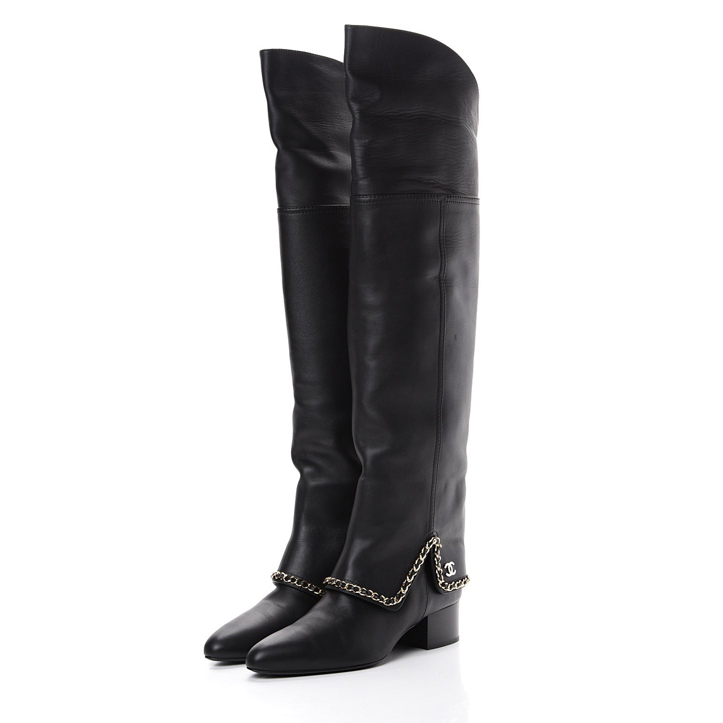 Calfskin Knee High Chain Boots 40 Black