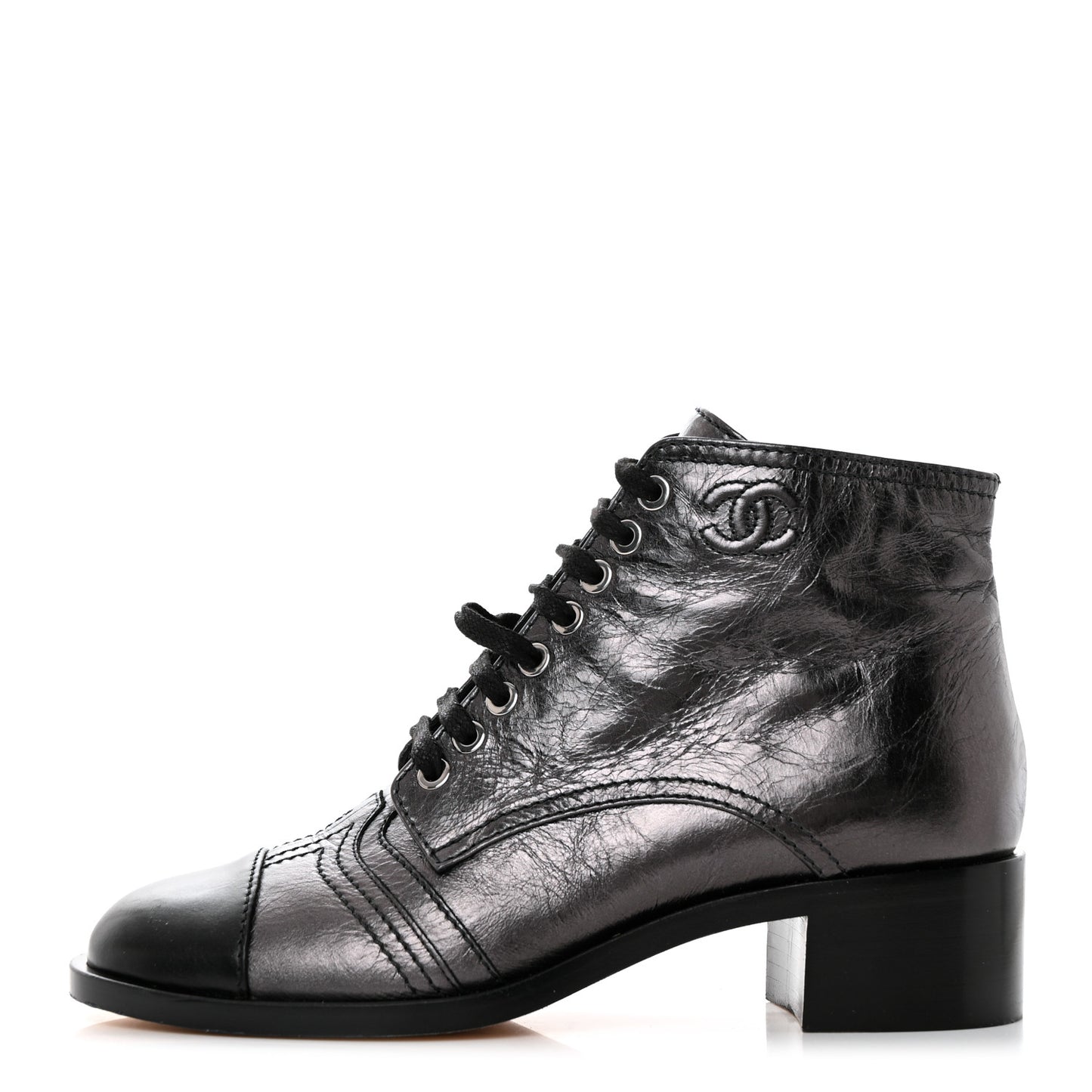 Crumpled Calfskin CC Lace Up Boots 37 Grey Black