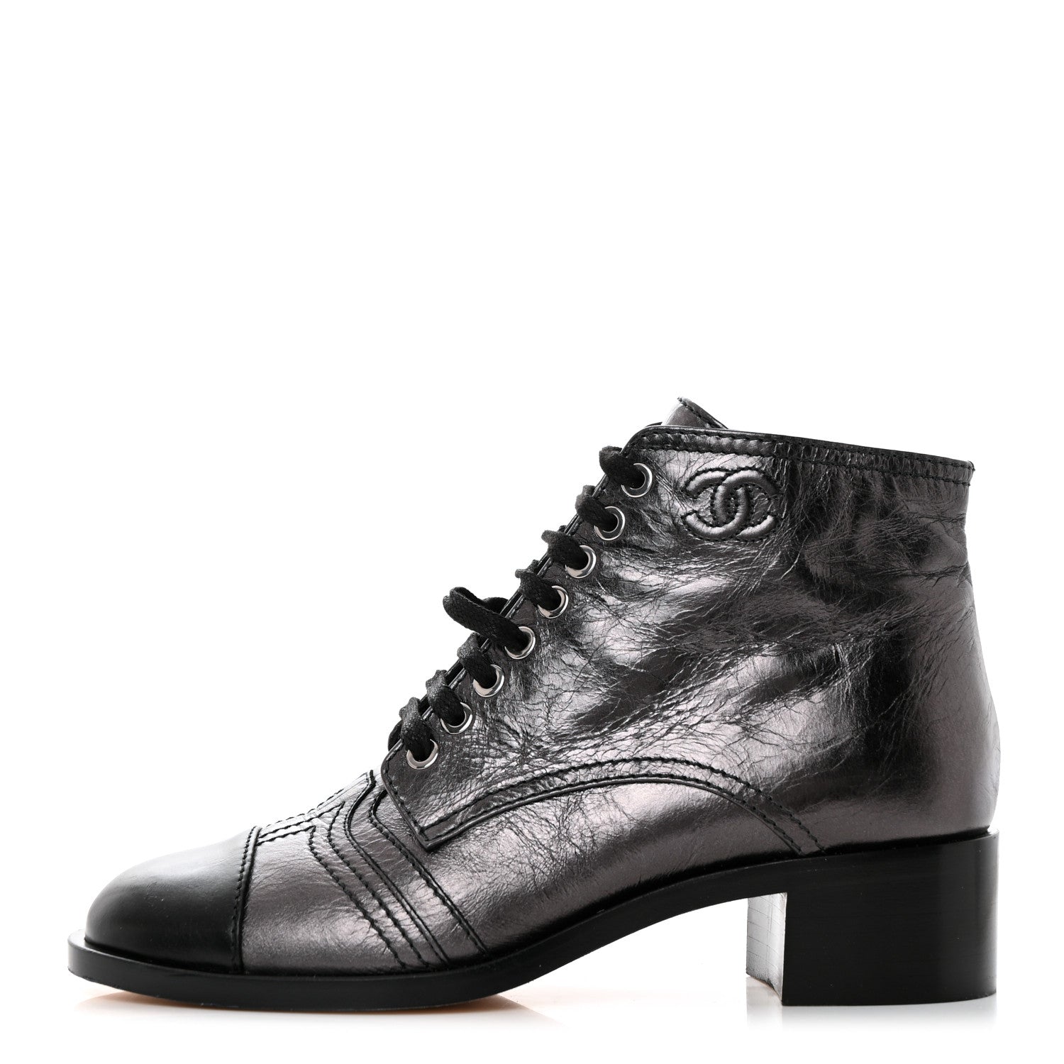 Chanel Crumpled Calfskin CC Lace Up Boots 37 Grey Black 1 of 9