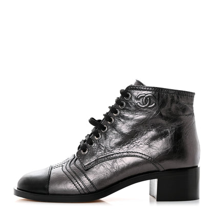 Chanel Crumpled Calfskin CC Lace Up Boots 37 Grey Black 1 of 9