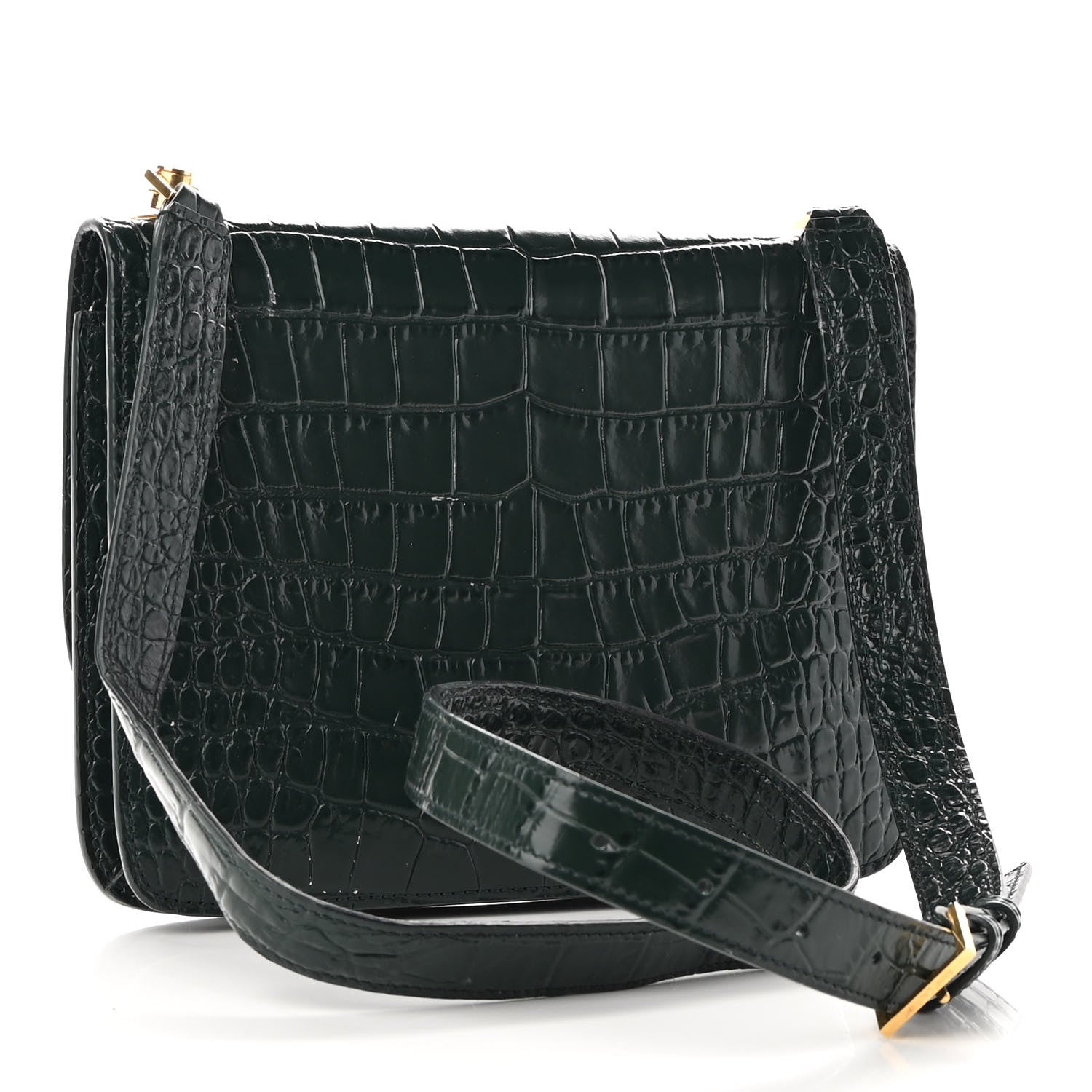 Saint Laurent Calfskin Crocodile Embossed Carre Satchel Dark Mint 3 of 9