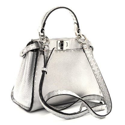 Fendi Cuoio Romano Lux Selleria Mini Peekaboo Iconic Satchel Argento 3 of 11