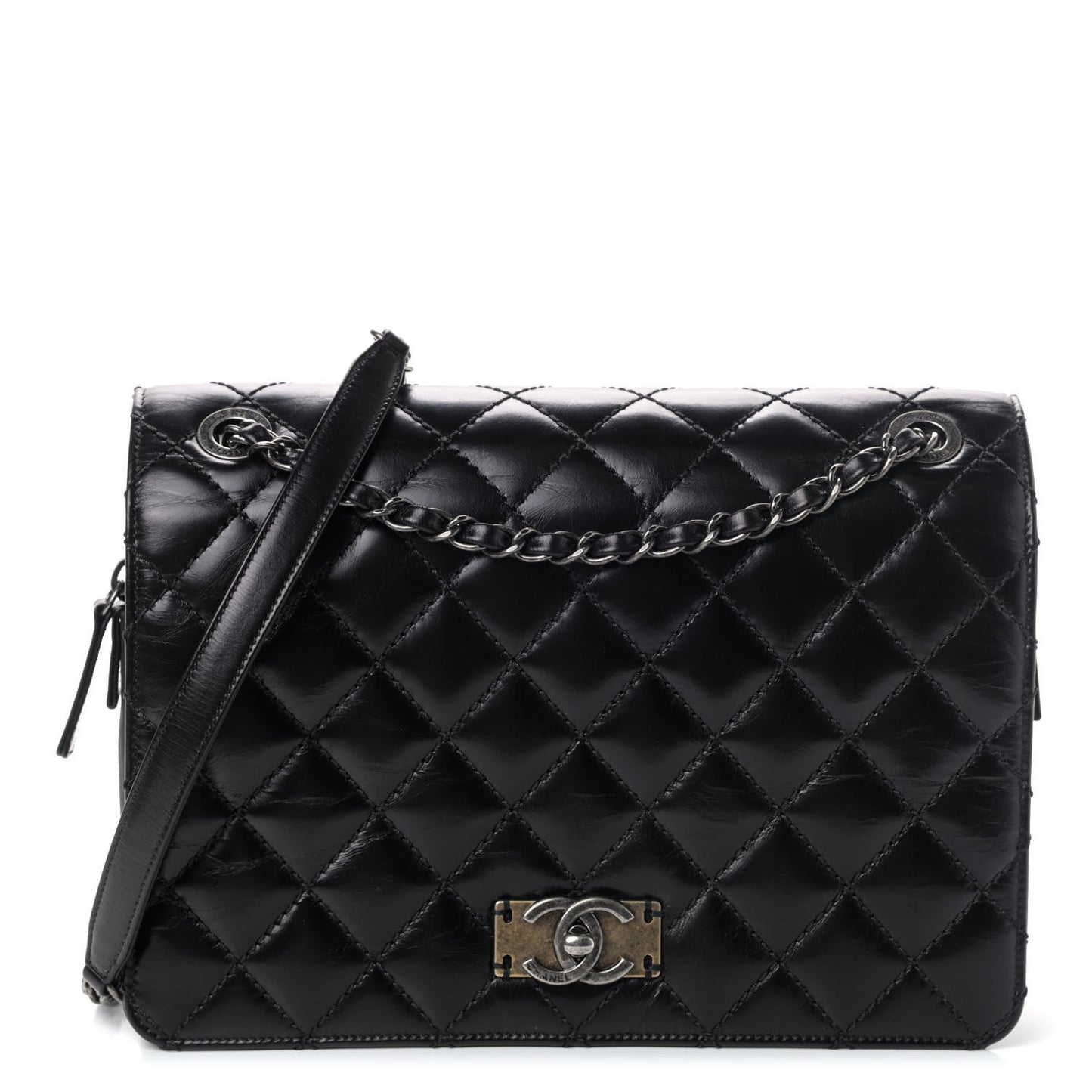 Glazed Calfskin Quilted Medium Day Trip Flap Black