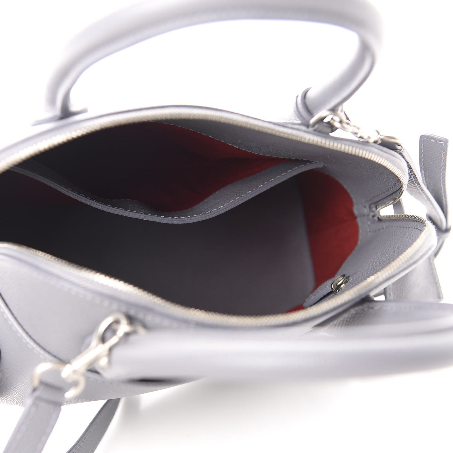 Signature Grained Calfskin Logo S Ville Top Handle Bag Gris Perle Fonce White