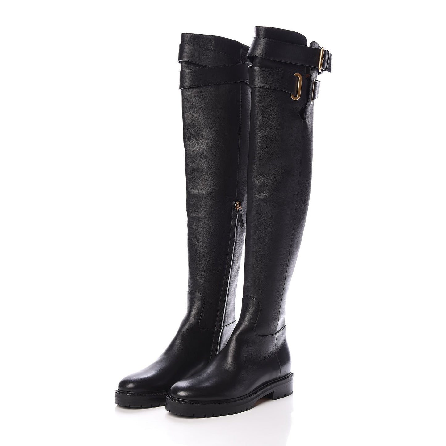 Calfskin Knee High Buckle Boots 36 Black