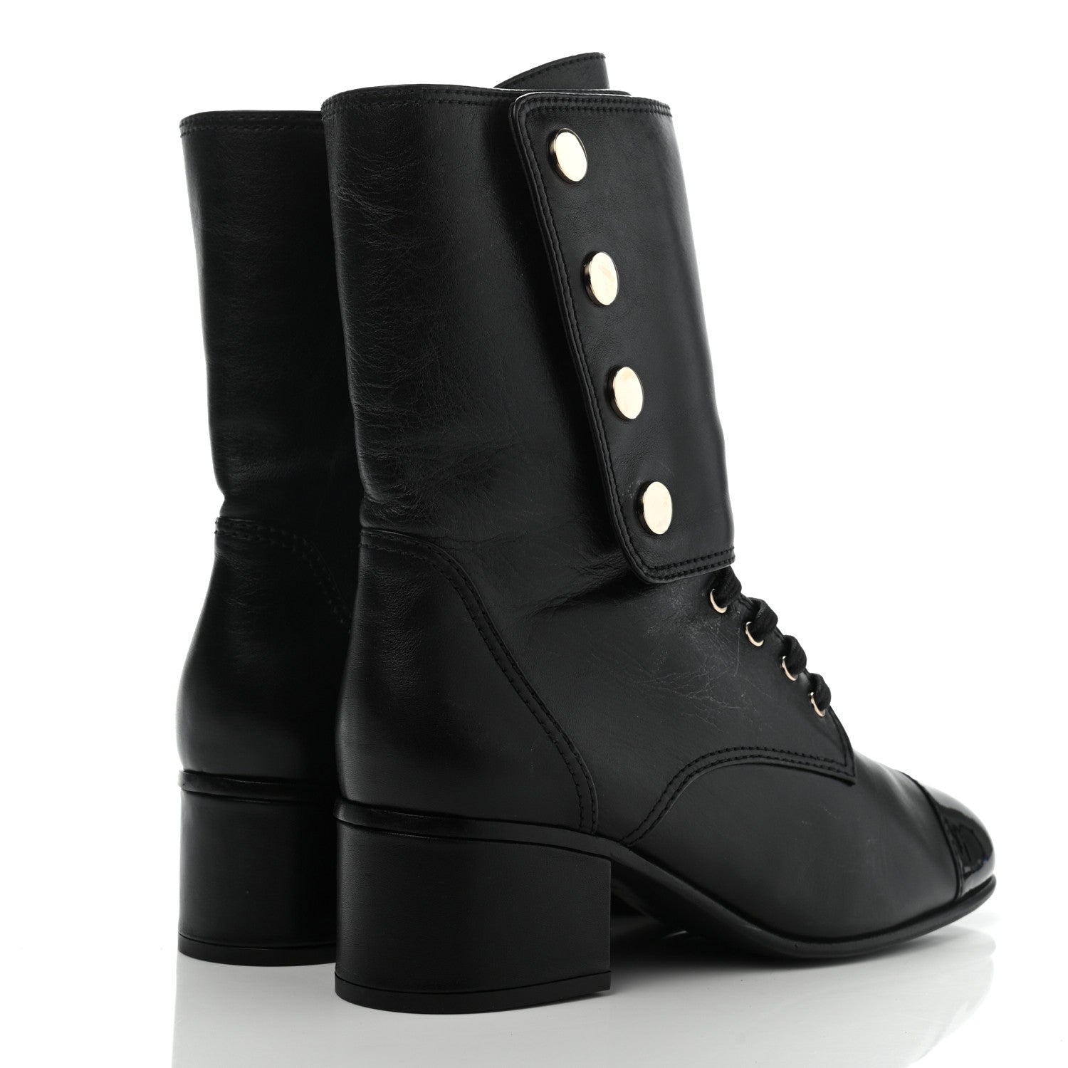 Chanel Calfskin Patent Cap Toe CC Lace Up Boots 40 Black 4 of 16