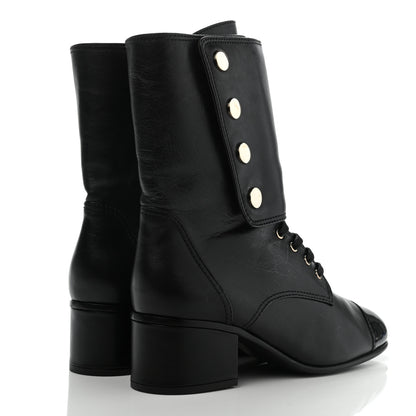 Chanel Calfskin Patent Cap Toe CC Lace Up Boots 40 Black 4 of 16