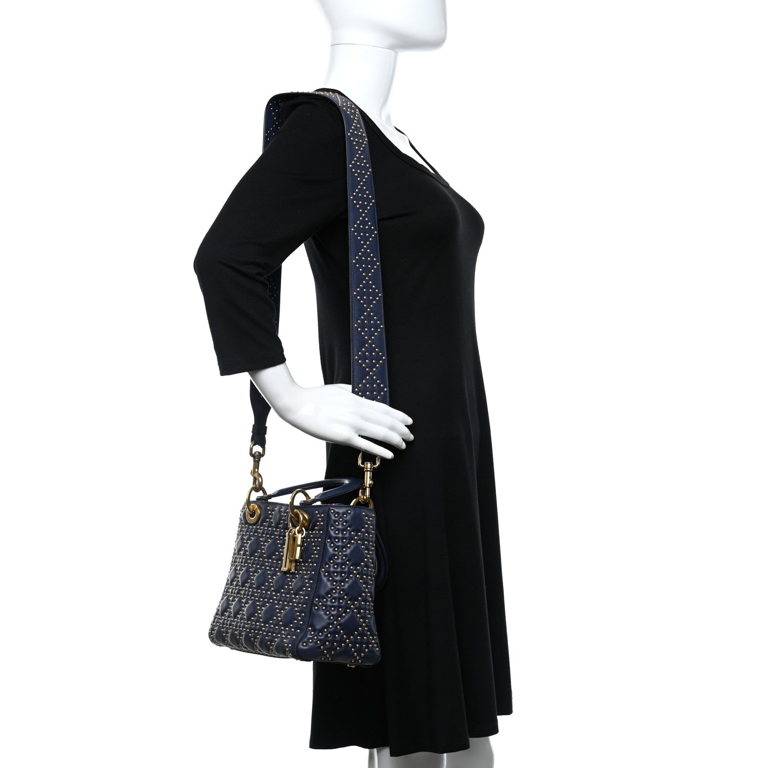 Christian Dior Calfskin Cannage Studded Medium Supple Lady Dior Navy 3 of 8