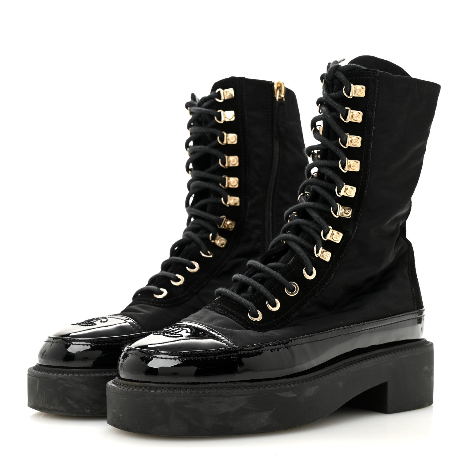 Chanel Nylon Suede Patent Calfskin Womens CC Lace Up Boots 36.5 Black 4 of 9