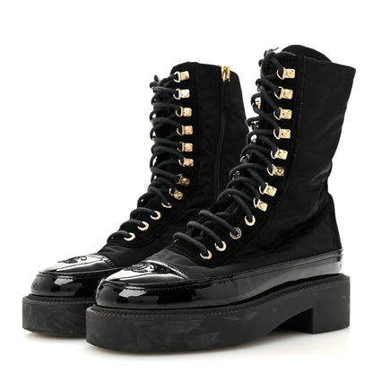 Chanel Nylon Suede Patent Calfskin Womens CC Lace Up Boots 36.5 Black 4 of 9