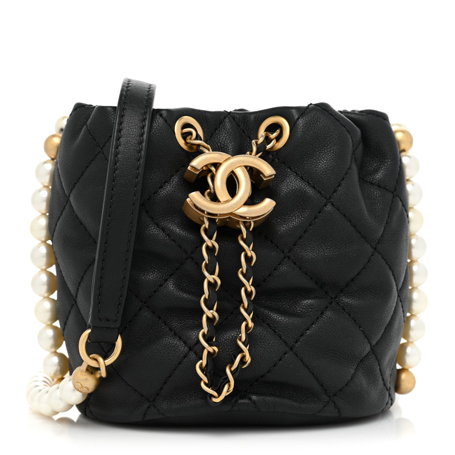 Chanel Calfskin Quilted Pearl Mini About Pearls Drawstring Bucket Bag Black 1 of 9