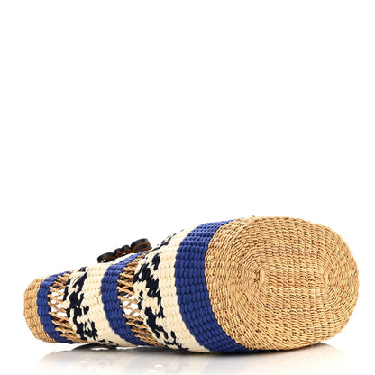 Loewe Elephant Grass Fabric Calfskin Woven Basket Tote Natural Blue 4 of 10