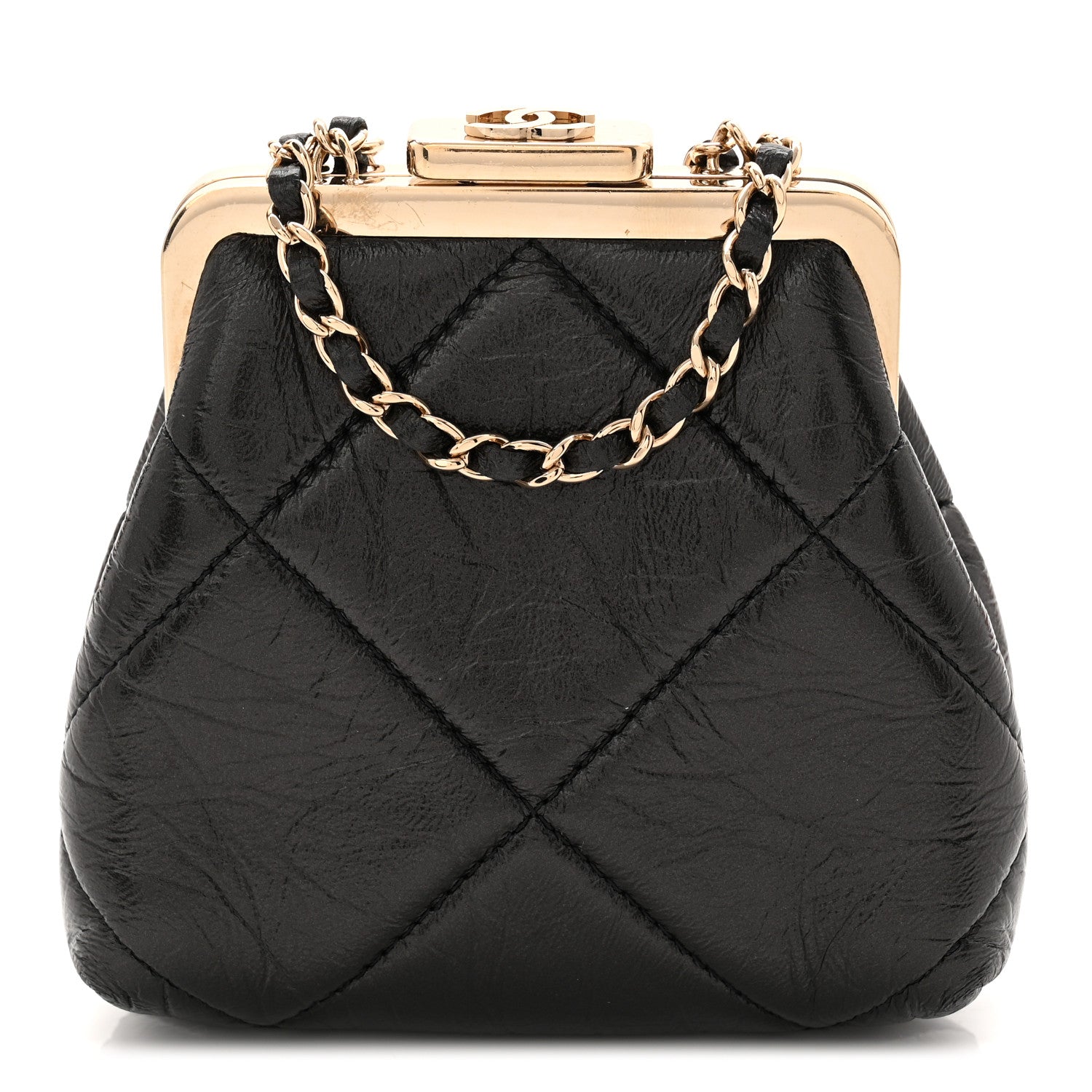 Chanel Shiny Aged Lambskin Quilted Kiss Lock Clutch With Chain