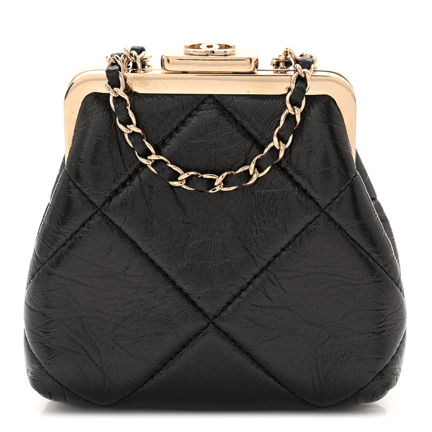 Shiny Aged Lambskin Quilted Kiss Lock Clutch With Chain Black