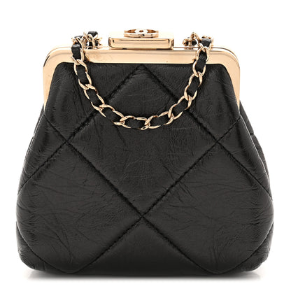 Chanel Shiny Aged Lambskin Quilted Kiss Lock Clutch With Chain Black 8 of 10