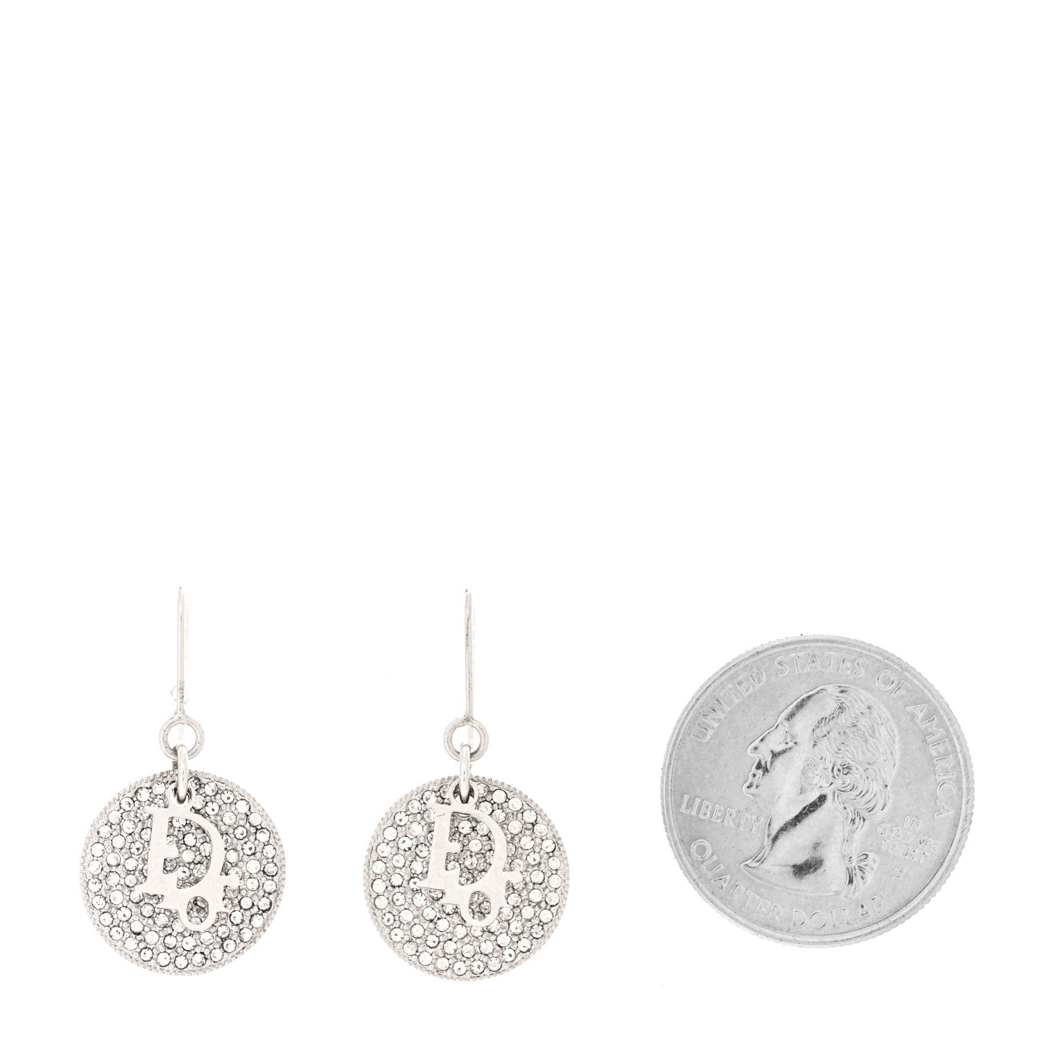 Christian Dior Metal Crystal Logo Round Drop Earrings Silver 2 of 4