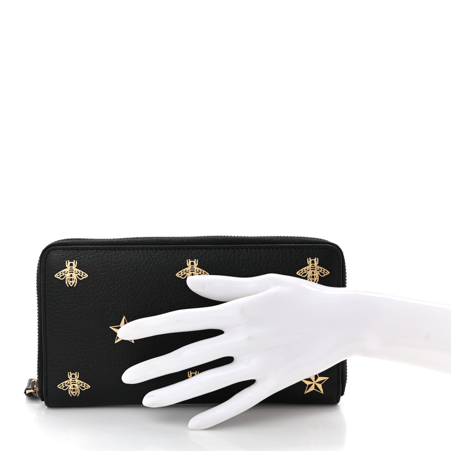Dollar Calfskin Bee Star Zip Around Wallet Black